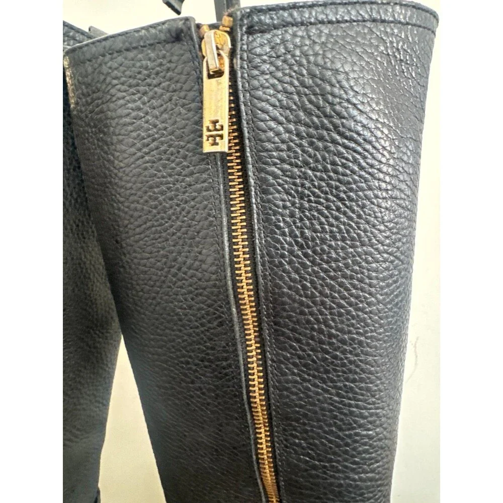 Tory Burch Women's Black Leather Knee High Riding Boots Gold Logo Size 8.5 M